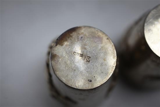 A late 19th/early 20th century Chinese Export silver cocktail shaker and 6 silver tots by Wang Hing, Hong Kong,